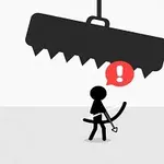 막대기 인형이 활을 들고 위에 매달린 톱날 아래 서 있으며, 위에는 느낌표가 있는 빨간 경고 표시가 나타나 있다