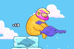 핑크색 헬멧을 쓴 노란색 생물이 보라색 물고기를 잡고 있는 장면