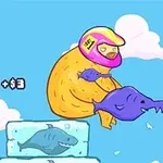 핑크색 헬멧을 쓴 노란색 생물이 보라색 물고기를 잡고 있는 장면