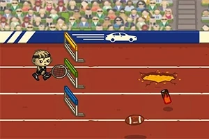 작은 만화 캐릭터가 테니스 라켓을 들고 육상 트랙에서 장애물을 뛰어넘고 있으며, 트랙에는 풋볼과 장애물들이 놓여 있다