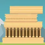 고대 그리스 양식의 건축물이 눈 덮인 산을 배경으로 서 있는 장면