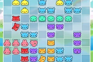 여러 가지 색상의 동물 모양 아이콘들이 바둑판에 배열되어 있는 모습