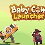 아기 소가 발사기에 탑승해 있고 두 명의 농부가 들고 있는 삽과 포크를 배경으로 하고 있는 삽화