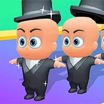 세 명의 커다란 눈을 가진 정장을 입은 아기가 모자를 쓰고 있는 모습