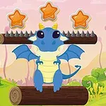 파란 아기 용이 가시가 있는 나무 위에 앉아 있고, 위에는 세 개의 주황색 별이 떠 있는 모습