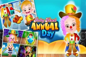 알록달록한 복장을 입은 작은 아이가 광대 모자를 쓰고 서 있으며, 주변에는 여러 이미지와 텍스트가 배치되어 있다