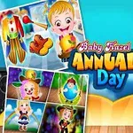 알록달록한 복장을 입은 작은 아이가 광대 모자를 쓰고 서 있으며, 주변에는 여러 이미지와 텍스트가 배치되어 있다