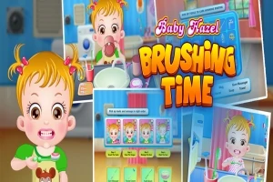 아기가 양치질을 하는 장면이 포함된 다양한 이미지와 Brushing Time이라는 글자가 있는 화면