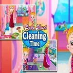 아기와 여성이 집안일을 하는 장면이 담긴 일러스트