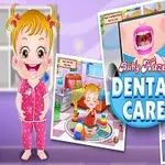 아기 소녀가 분홍색 잠옷을 입고 있으며, 여러 장면에서 치아 관리와 관련된 활동을 하고 있는 이미지