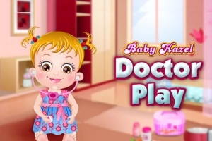 어린 소녀가 청진기를 목에 걸고 있는 모습과 Baby Hazel Doctor Play라는 문구가 함께 있는 배경