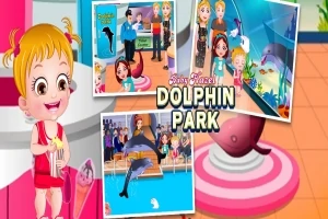 아기 소녀가 돌고래와 함께 하는 놀이공원의 다양한 장면을 보여주는 일러스트