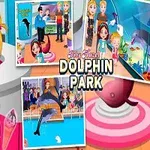 아기 소녀가 돌고래와 함께 하는 놀이공원의 다양한 장면을 보여주는 일러스트