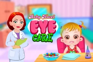 빨강 머리의 여의사가 아기를 바이올렛 배경의 방에서 돌보고 있으며, 아기는 테이블에 앉아 있다