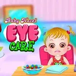 빨강 머리의 여의사가 아기를 바이올렛 배경의 방에서 돌보고 있으며, 아기는 테이블에 앉아 있다