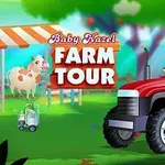 농장 배경에서 빨간 트랙터를 타고 있는 두 명의 캐릭터와 젖소 그림이 있는 표지판