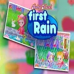 아이가 토끼 인형을 안고 있는 모습과 first Rain이라는 텍스트가 포함된 장면