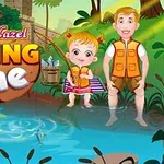 어린 소녀와 남자아이가 물가에서 낚시를 하며 옆에 물고기 양동이가 있는 장면