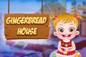 금발의 여자아이가 빨간 드레스를 입고 웃고 있으며, 나무 간판에는 GINGERBREAD HOUSE라고 적혀 있다