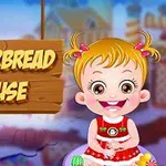 금발의 여자아이가 빨간 드레스를 입고 웃고 있으며, 나무 간판에는 GINGERBREAD HOUSE라고 적혀 있다