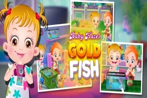 금발 아기 소녀가 물고기 어항을 돌보고 있는 여러 장의 이미지와 함께 중앙에는 Baby Hazel Gold Fish라는 텍스트가 있습니다