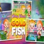 금발 아기 소녀가 물고기 어항을 돌보고 있는 여러 장의 이미지와 함께 중앙에는 Baby Hazel Gold Fish라는 텍스트가 있습니다