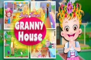 꽃으로 장식된 머리를 가진 아이가 웃고 있으며, 여러 장면이 포함된 게임 화면과 Granny House라는 글자가 중앙에 표시되어 있다
