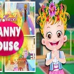 꽃으로 장식된 머리를 가진 아이가 웃고 있으며, 여러 장면이 포함된 게임 화면과 Granny House라는 글자가 중앙에 표시되어 있다