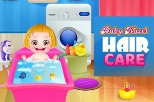 아기 소녀가 욕조에서 목욕을 하고 있는 장면이며, 주변에 장난감 오리와 세탁기가 있는 모습