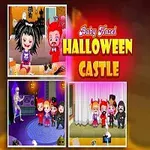 귀여운 악마 의상을 입고 있는 아기와 여러 명의 캐릭터들이 할로윈 파티에 참석한 모습