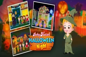 마녀 모자를 쓴 어린이가 할로윈 테마의 배경 앞에 서 있고, 좌측에는 다양한 할로윈 장면이 담긴 사진들이 배치되어 있다