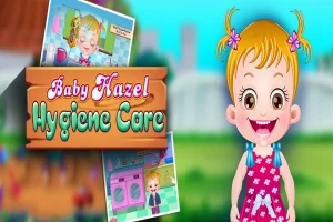 꼬마 소녀가 웃고 있는 그림과 함께 Baby Hazel Hygiene Care라는 문구가 있으며, 작은 이미지들이 배경에 배치되어 있다