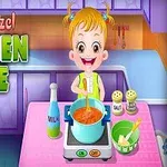 귀여운 소녀가 주방에서 냄비를 저으며 요리하고 있는 장면