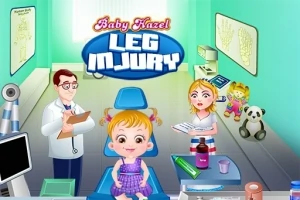 의사의 진료실에서 다친 다리를 검사하는 소녀와 이를 돕는 간호사 및 의사의 모습