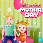 어린 소녀와 어른 두 명이 소파 옆에 서 있으며, 배경에 풍선과 Mothers Day라는 문구가 있는 장면