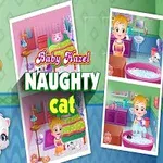 금발의 여자아이와 하얀 고양이가 함께 있는 이미지와 여러 방 장면이 있는 콜라주