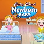 아기 침대에 있는 갓난아기와 병실에서 가족 세 명이 있는 장면