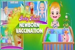 아기 여자아이가 욕조에 누워 있고, 주변에 다른 장면들과 함께 Baby Hazel Newborn Vaccination이라는 글자가 있음