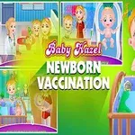 아기 여자아이가 욕조에 누워 있고, 주변에 다른 장면들과 함께 Baby Hazel Newborn Vaccination이라는 글자가 있음