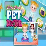 아기 소녀가 동물 병원에서 하얀 고양이를 돌보는 장면과 관련된 여러 이미지들