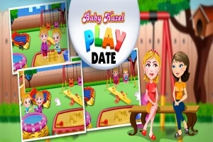 어린이들이 놀이터에서 놀고 있으며, 두 여성이 벤치에 앉아 대화하는 장면