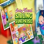 아기가 유모차에 앉아 있고 어린 소녀가 서 있는 그림과 Baby Hazel Sibling Surprise라는 글자가 포함된 이미지