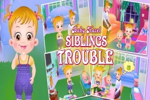 어린 소녀 캐릭터가 다양한 활동을 하고 있는 장난기 가득한 장면들과 Siblings Trouble이라는 글자가 포함된 이미지