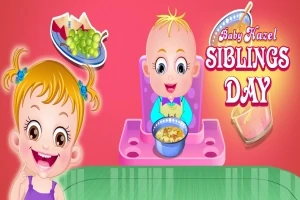 형형색색의 배경 앞에 아기와 유아가 있으며, 유아는 과일이 담긴 접시를 들고 있고 아기는 의자에 앉아 있다