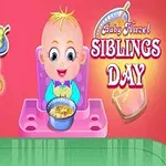 형형색색의 배경 앞에 아기와 유아가 있으며, 유아는 과일이 담긴 접시를 들고 있고 아기는 의자에 앉아 있다