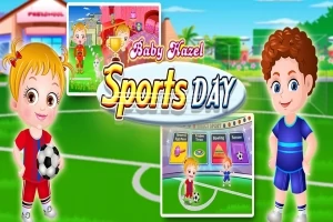 축구복을 입은 두 명의 어린 아이들과 Baby Hazel Sports Day라는 문구가 있는 운동장 배경