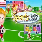 축구복을 입은 두 명의 어린 아이들과 Baby Hazel Sports Day라는 문구가 있는 운동장 배경