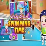 귀여운 아이들과 수영 레슨을 주제로 한 만화 스타일의 이미지입니다