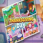 귀여운 금발 소녀가 부엌에서 빵 반죽을 들고 있고, 배경에는 다양한 활동을 하는 모습의 만화 스타일 이미지들이 콜라주로 배치되어 있다