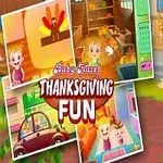 금발 머리의 아기가 핑크 드레스를 입고 웃고 있으며, 주변에는 다양한 활동을 담은 작은 이미지들이 배치된 장면입니다